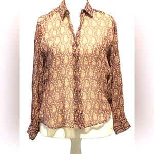 Zara Maroon and Gold Patterned Sheer Women's Blouse Size S